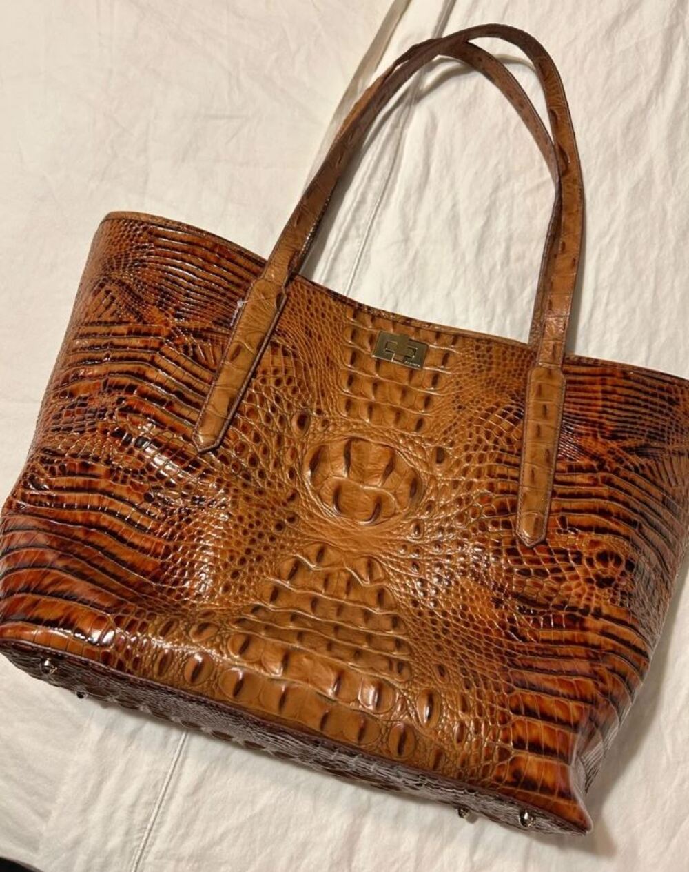 Brahmin Cognac CROC EMBOSSED LEATHER Tote Gold Turn Lock Handbag